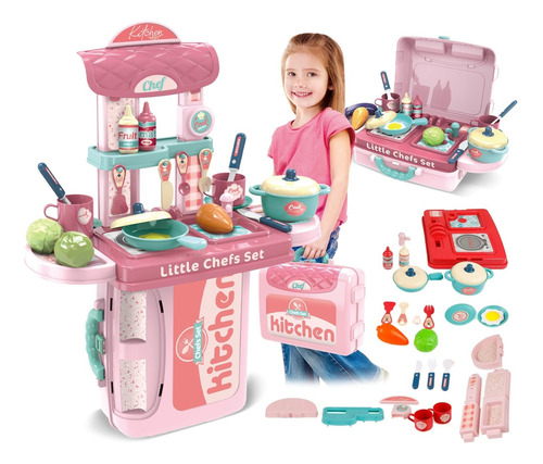 Cozinha De Brinquedo Completa Infantil Kit Maleta Chef Toys Cor Rosa