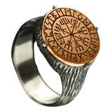 Anillo De Acero Vegvísir Rustico Vikingo Color Plata Hombre