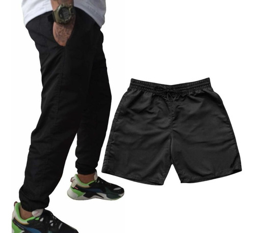 Kit Calça Jogger Short Bermuda Tactel Para Esporte Treino