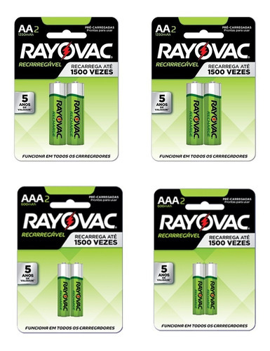 Kit 8 Pilhas Recarregável Rayovac Aa E Aaa Com