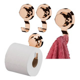 Kit Banheiro Porta Papel + 3 Gancho Toalha Ventosa Rose Gold