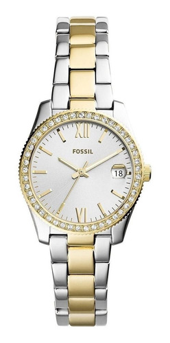 Reloj Pulsera Fossil Scarlette Mini De Cuerpo Color Plateado Y Dorado, Analógico, Para Mujer, Fondo Dorado, Con Correa De Acero Inoxidable Color Plata Y Dorado, Agujas Color Dorado, Dial Dorado, Minut