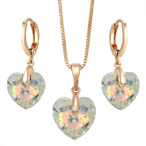 Juego Aretes + Dije De Corazón Cristales Swarovski En Oro Laminado 18k