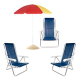 Cadeira De Praia Reclinável 8 Posições Kit C/ 3 + Guarda Sol
