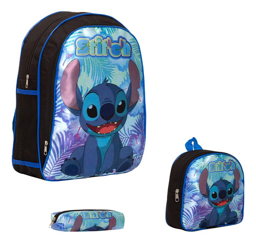 Kit Mochila Infantil Costas Stitch Cor Preta Envio Imediato