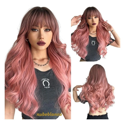 Peluca Larga Ondulada Cosplay Para Mujer Con Flequillo Rosa | MercadoLibre