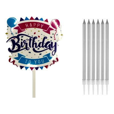 Caketopper Happy Birthday Paquete Con Velas Plateadas Largas