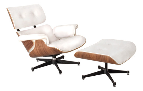 Poltrona Charles Eames Em Couro Com Puff E Base Em Aluminio