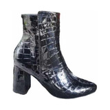 Bota Botin Mujer Puntal Negro Croco Tacon Alto Ancho