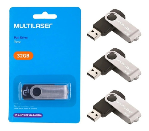 Pendrive Multilaser Twist Pd589 32gb 2.0 Preto Kit 3 Unidade