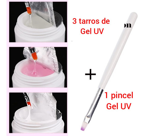 3 Tarros De Gel Uv + Pincel Uñas Semipermanente Constructor