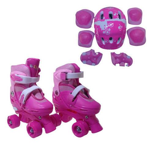 Patins 4 Rodas Rosa Com Kit De Proteção Elite Tamanho:28/31