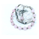 Pulsera De Piedras 100% Naturales - Cuarzo Rosa Y Acero