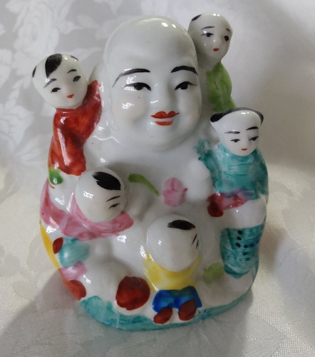 Buda Porcelana Pintada 5 Crianças Clareza Prosperidade 