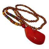 Collar Budista Feng Shui Tibetano Suerte Madera Piedra Roja