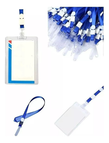 Pack 50 Porta Credenciales Transparente + 50 Lanyard Azul