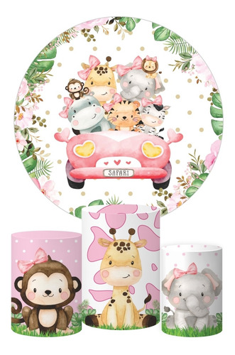 Kit Painel Redondo Trio Capa Cilindro Safari Aquarela Rosa
