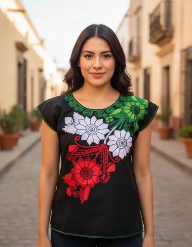 Blusa Artesanal Bordado Tricolor Mexicana Especial