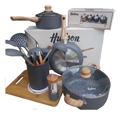 Batería Set Hudson Granito Utensilios Molinillo Especiero 