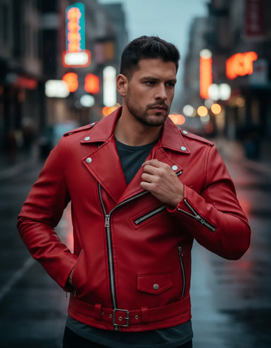 Chamarra Biker De Piel Vegana Para Hombre Rockera Roja Slim