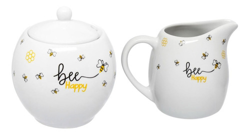 Açucareiro E Leiteira Porcelana Honey Abelhinha Bee Happy Cor Branco
