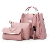 Set 3 Bolsas Mujer Borla Moda Cartera Crossbody Tote Hobo Pu Color Rosa