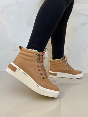 Bota Coturno Feminina Nude Casual Com Pêlo