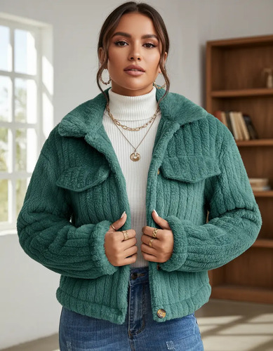 Chaqueta Peluche Solapa Botones Afelpada Manga Larga Frio