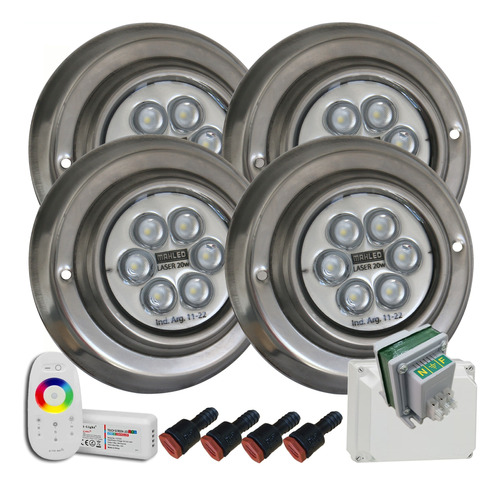 Pack 4 Luz De Pileta 20w Rgb/fuente/control/pasamuros/caja