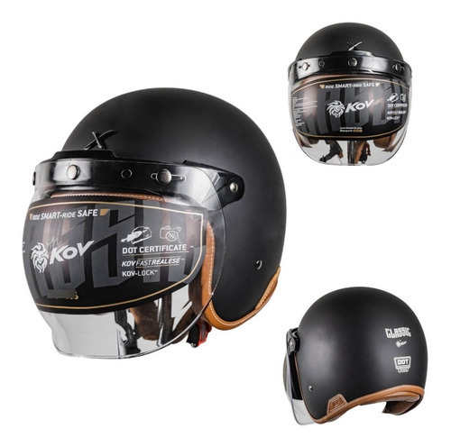 Casco Abierto Para Moto Kov Classic Negro Con Mica Burbuja Tamaño Del Casco M (57-58 Cm)