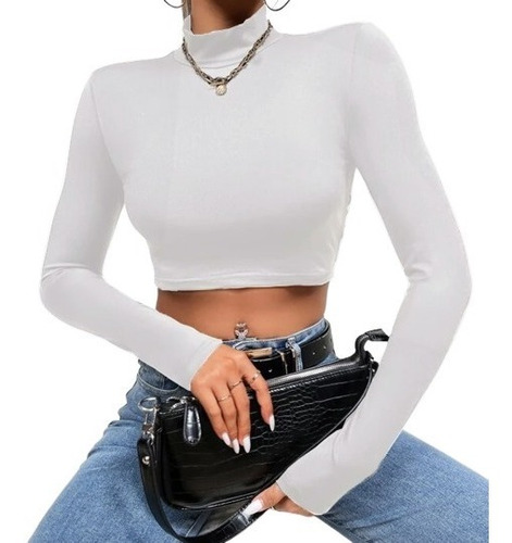 Blusa Crop Top Manga Larga Cuello Tortuga