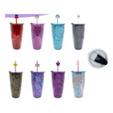 Vaso Glitter Mayoreo 24 Pzas Incluye Popote + Figura Regalo