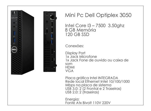 Computador Mini Dell 3050 I3 3.5ghz 8gb Ssd120gb Win10 Pro