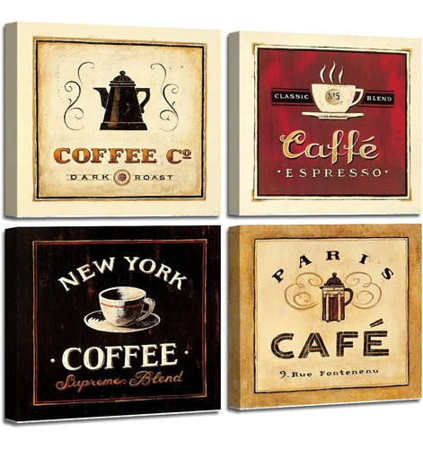 Set 4 Cuadros Decorativos Arte Cafe Vintage Estilo 20x20cm