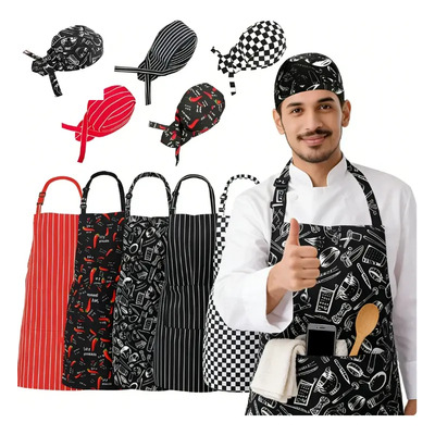 5 Delantal Chef Impermeables + 5 Gorros Chef Gorra Ajustable Rayas ,negro Delantal Impermeable Con 2 Bolsillos, Delantal... Rayado Negro-rayas Anchas