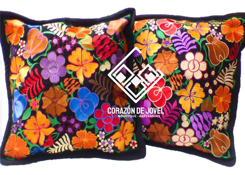 2 Fundas Para Cojín Bordadas De Flores/coloridas De Chiapas