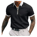 Camisa Polo Masculina Com Zíper Colorblock Estampa, Botão Cu