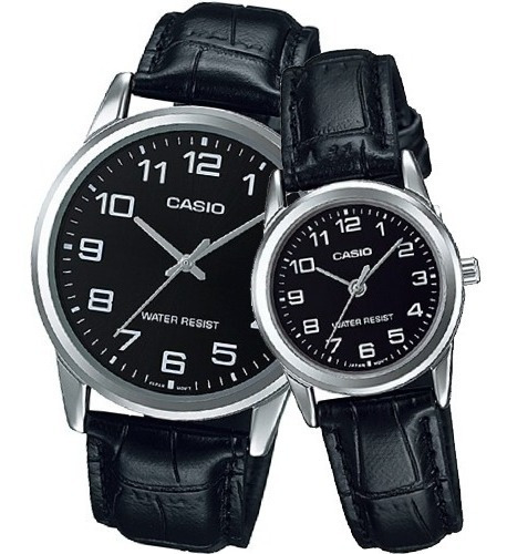 Reloj Casio Mtpv001 + Ltp V001 Piel Negra - Pareja