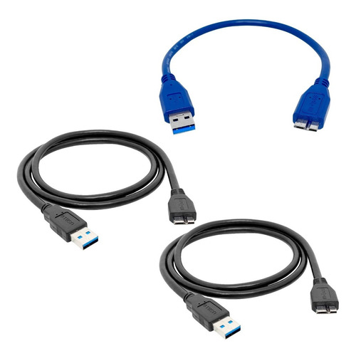 Kit Cabo Usb 3.0/1 Pcs 30 Cm + 2 Pcs 1 Mts Preto Hd Externo