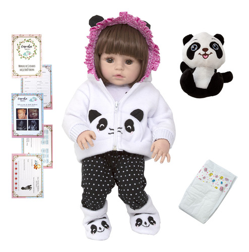 Bebe Reborn Pandinha Laura 100% Silicone Linda 9 Acessórios