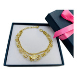 Nice Pulsera 3 Cadenas Con Dije De Hoja 4 Baños Oro 18k