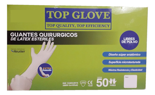 Guantes Descartables Estériles Antideslizantes Top Glove Quirúrgico Color Blanco Natural Talle 6.5 De Látex X 100 Unidades