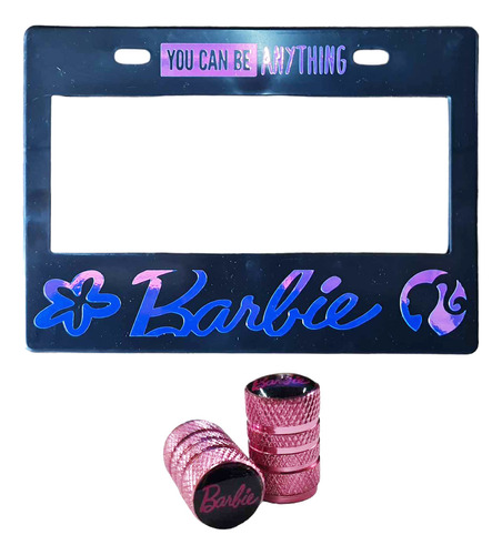 Set 1 Portaplacas Moto Barbie Tornasol + 2 Tapones Aire Rosa