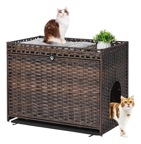 Set Gatuno Caja Arena Alfombra Suave Mueble Baño Casa Ratán