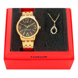 Relógio Tuguir Feminino Dourado Com Fundo Preto Tg148 + Kit