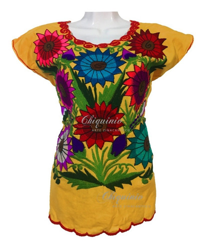 Blusa Artesanal Bordada Lleno Flores Ambos Lados Zinacantan