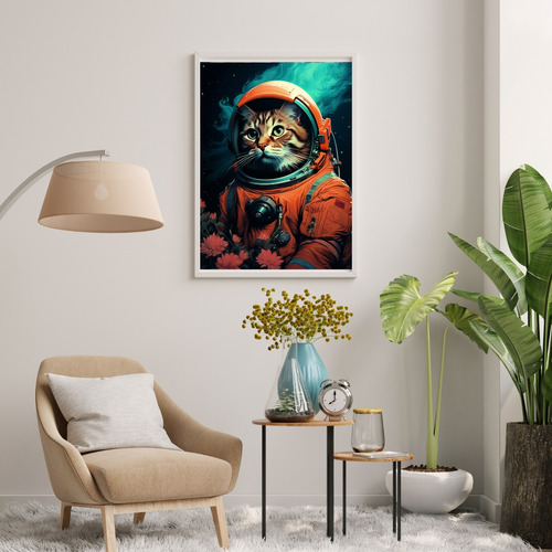 Quadro Decorativo Grande Luxo Sala 90x60 Gato Astronauta