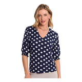 Camisa Feminina Poá Mangas 3/4 Rovitex Azul