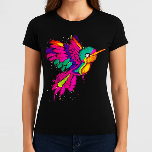 Blusa Playera Dama Colibrí Efecto Bordado Neón Con Luz Negra
