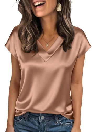 Blusa De Seda Satinada Con Cuello En V For Mujer